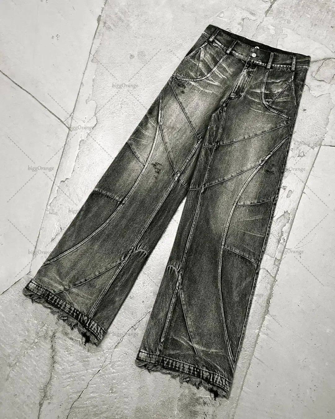 Y2K Destroyed Stitching Jeans Mens Black Washed Gothic Style Street Trend Clothing Retro Loose Wide Leg Pants Fall Guys 241111
