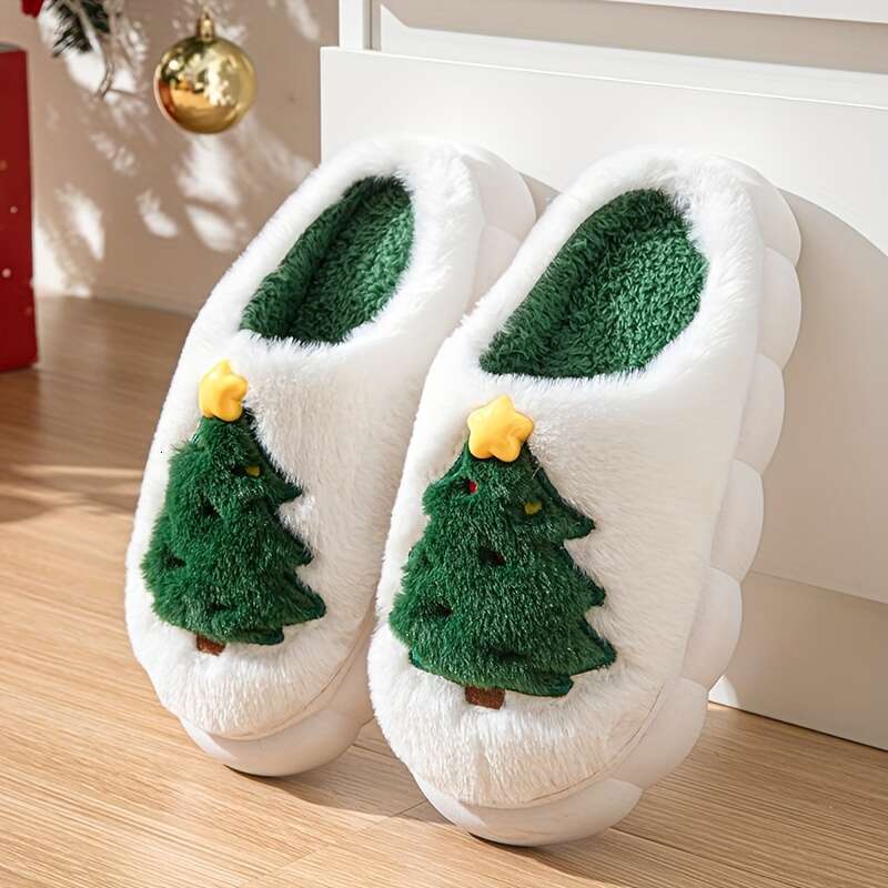 Comfy Christmas Tree Pattern Hollow Out Slides Soft, Non Slip, Thermal, Fuzzy, Casual, Indoor, Bedroom Shoes Men - Perfect for Cold Winter Days