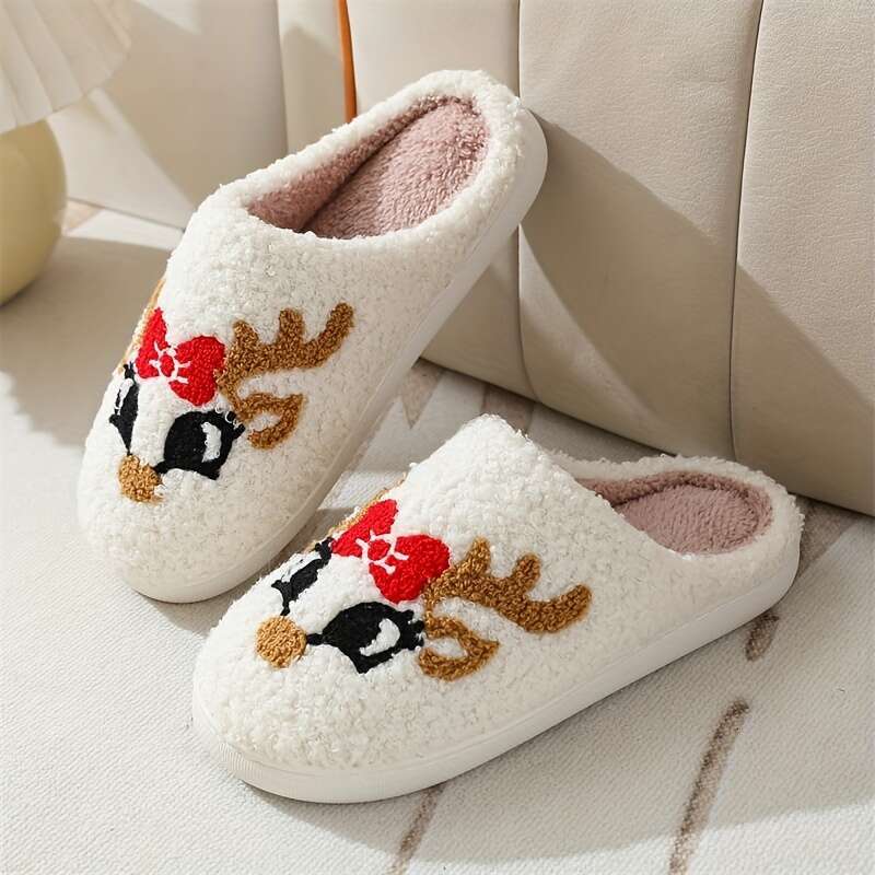 Christmas Cozy Cartoon Reindeer Plush Slippers Women - Cute, Warm & Non-Slip Indoor Shoes for Winter