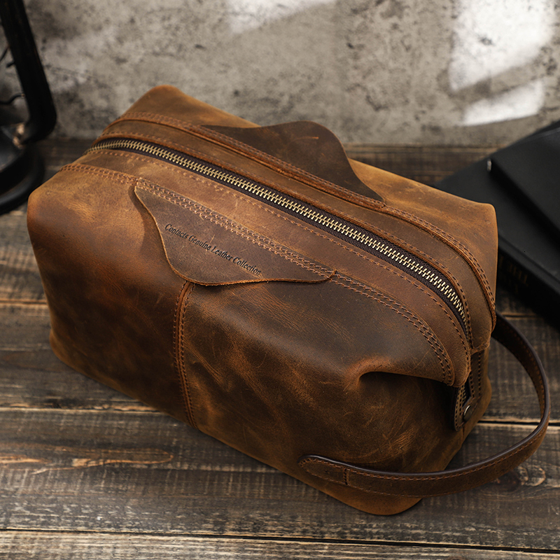 Contact's Men Hanging Cosmetic Bag Crazy Horse Leather Travel Makeup Case Zipper Organizer Storage Pouch Vintage Toiletry Bags Leather