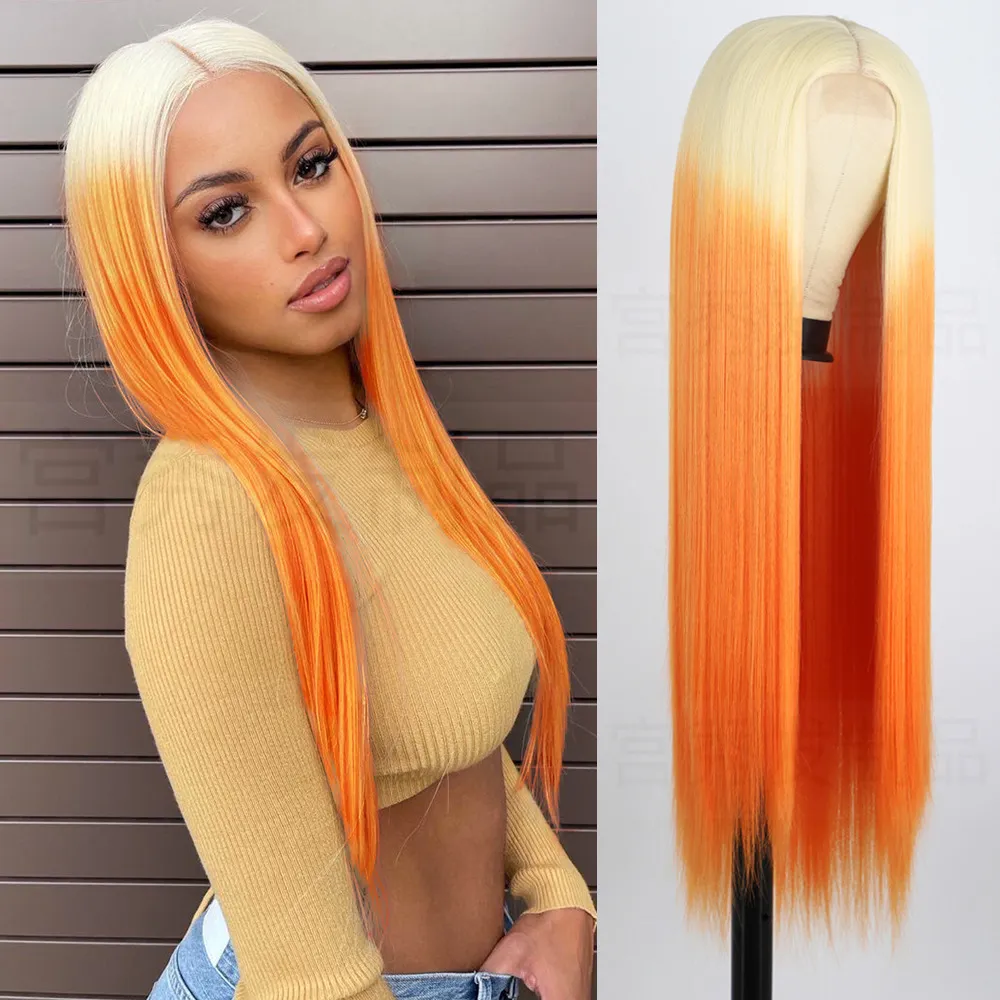 Straight 13x4 ful 30 Inch Lace Front Wigs Simulation Human Silk Synthetic Wig Long Hair Heat Resistant For Black Woman
