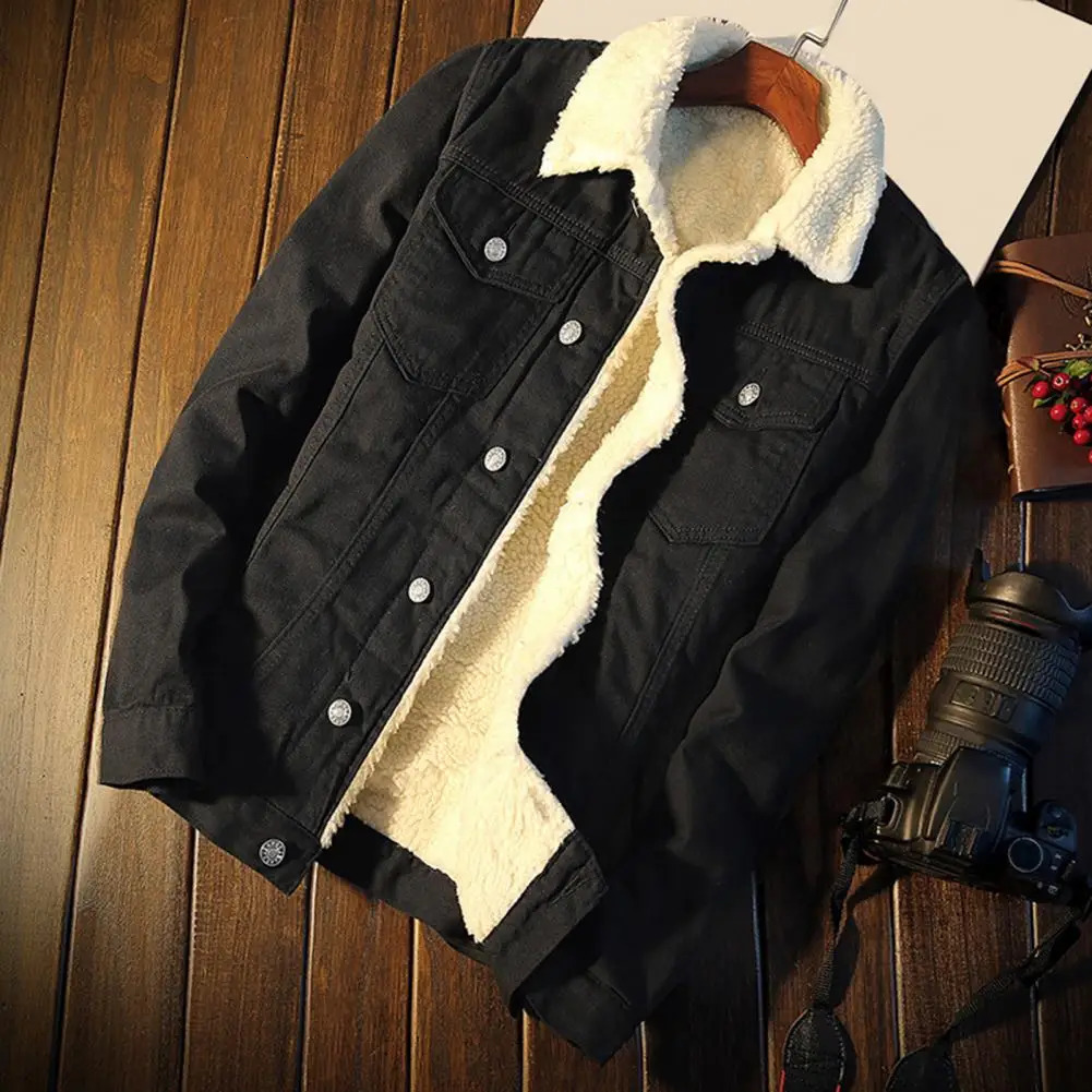 Super soft trendy lapel button up denim jacket winter mens denim jacket solid color office uniform 241108