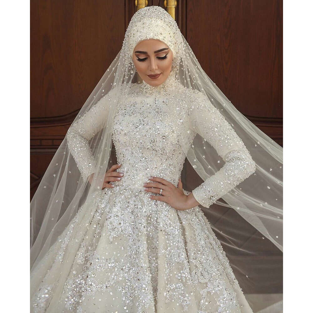 STEVDITG Pearls Crystal Wedding Fashion High Neck Long Sleeves Appliques Beading Chapel Train Ball Gown Bride Dress 0914