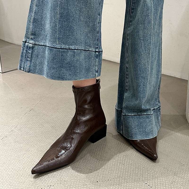Pointed Toe Women Ankle Boots Fashion Thick Heel Slimming Short Booties Autumn Winter Soft Leather Female Shoes