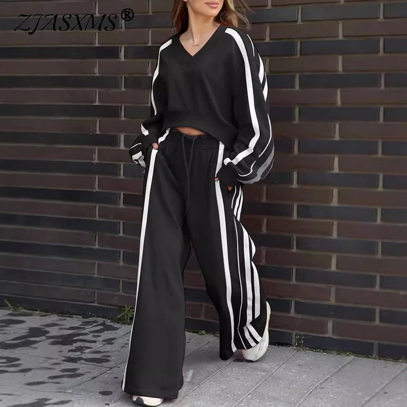 Y2K Style Casual Sportswear Two Piece Set Women V Neck Sweatshirt Pullover Long Pant Suit Outfit Winter Stripe Loose Tracksuit 241111