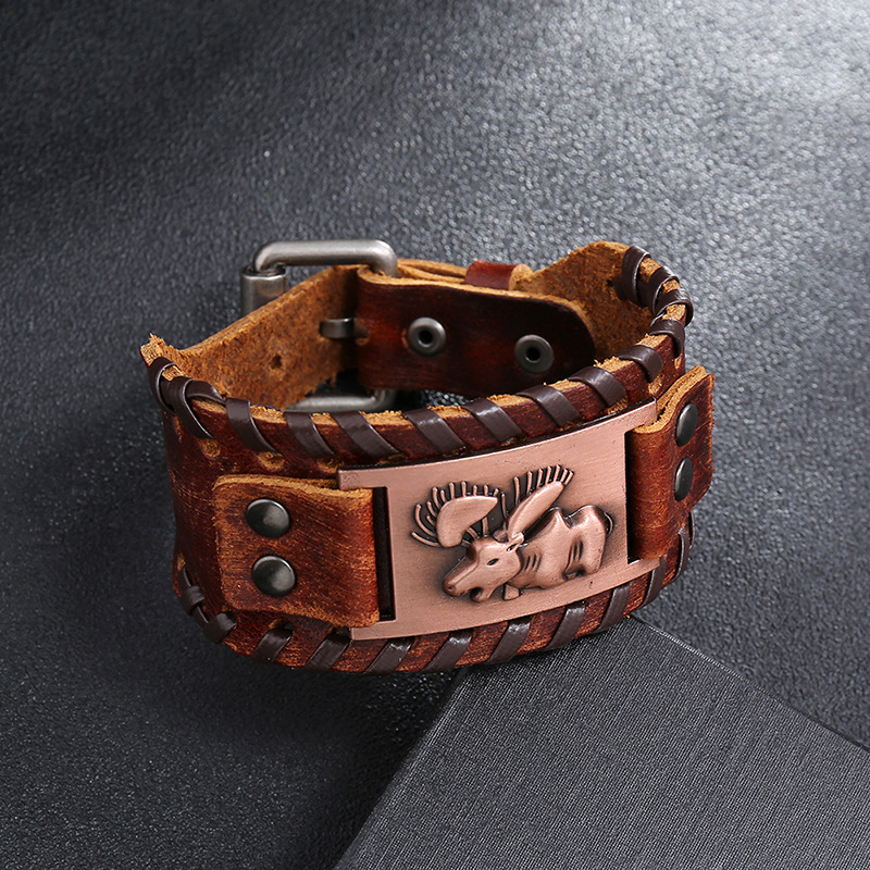 Totem Design Charm Wide Leather Bracelet Nordic Viking Rune God Deer Men's Bracelet Punk Leather Woven Accessories Party Jewelry