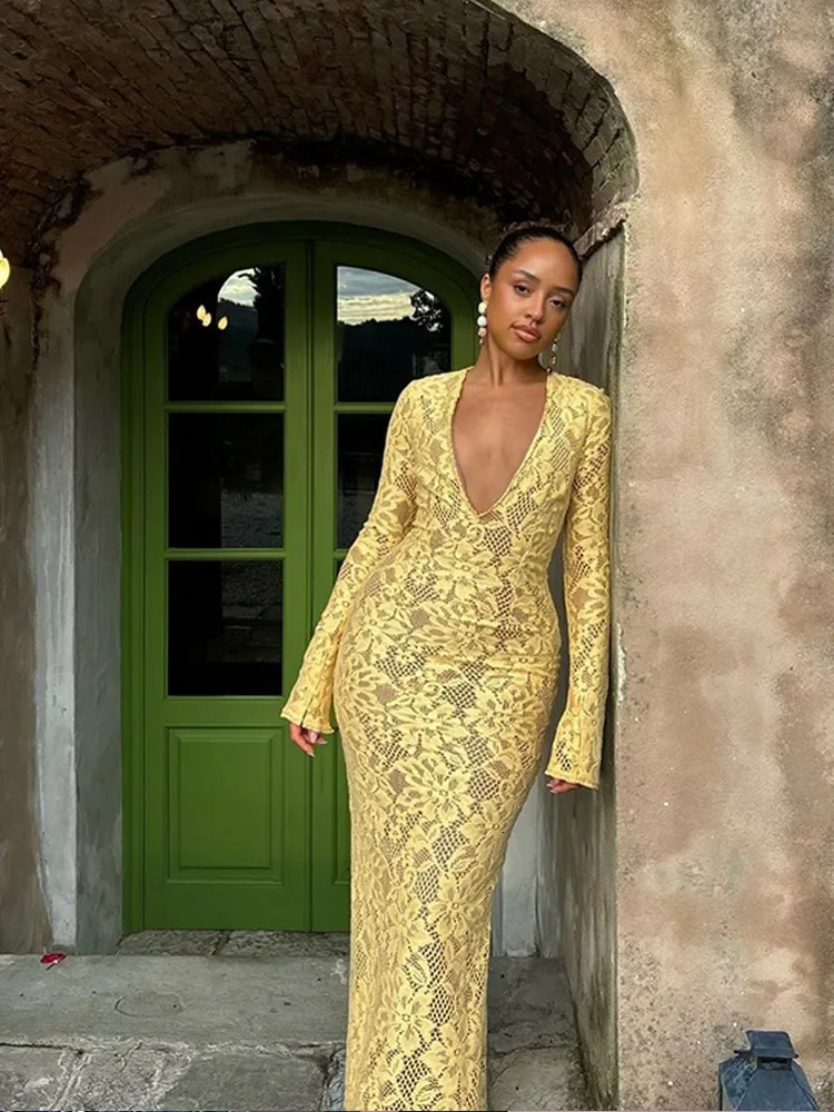 Sexy Deep V Neck Long Sleeve Lace Dress Women Fashion Hollow Out High Waist Maxi Dresses Lady Evening Party Dresses Vestidos 241111