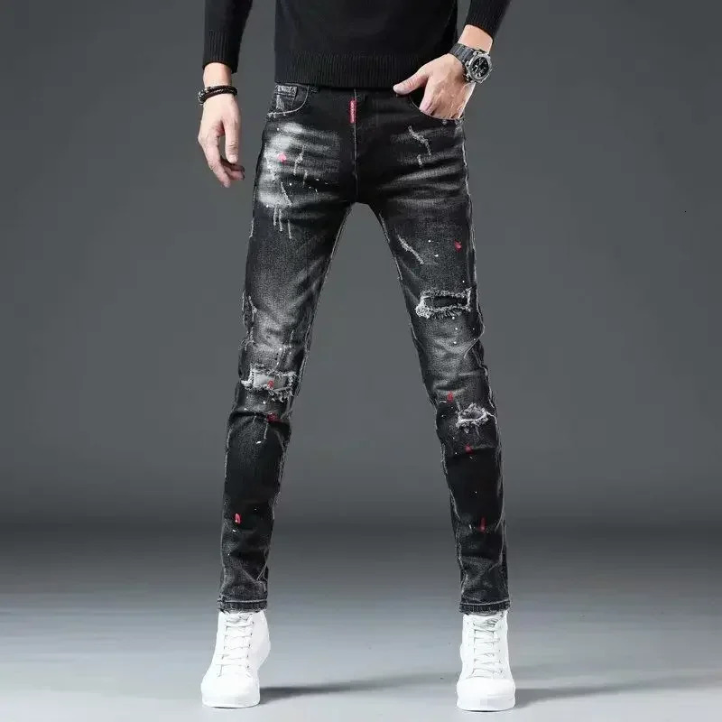 Mens jeans torn and broken Trouser with printed mens jeans tight fitting tube Grunge Y2k hole tight fitting patch suitable for tearing Xs 241108