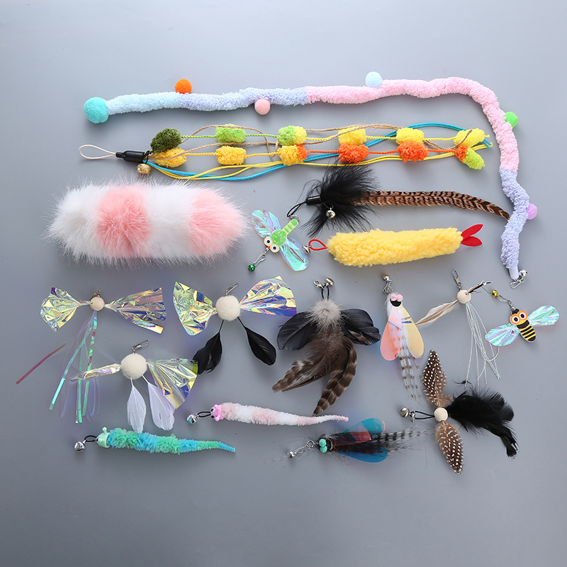 NEW Pet Cat Tease Stick Feather Toy With Bell Cat Teaser Stick Replacement Head Insect Bird Shape Interactive Play Pet Supplies