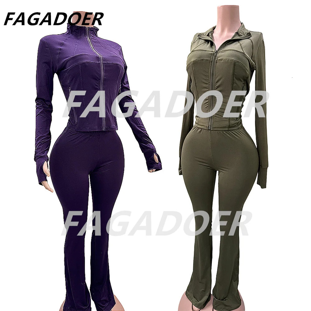 FAGADOER Solid Bodycon 2 Piece Sets Outfit Women Long Sleeve Zip Patchwork Jacket Top And Flare Pants Suits Autumn Streetwear 241111