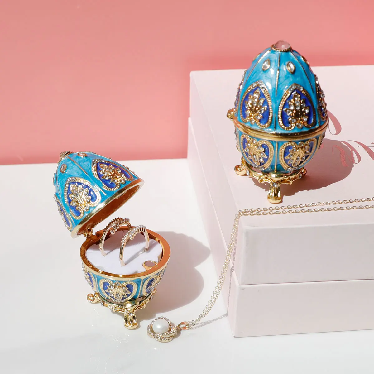 Blue Vintage Faberge Style Egg Trinket Box - Unique Hand Painted Enameled Jewelry Box, Collectible, Unique Gift for Home Decor