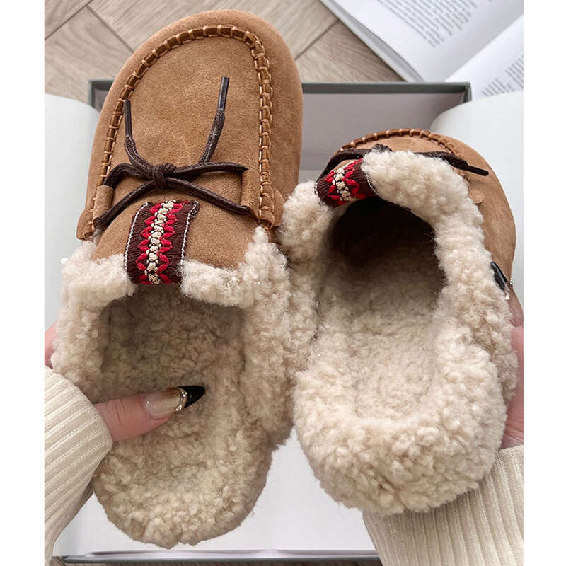 Thick Soled Snow Boots, Women's Fur Integrated With Ethnic Style, Baotou Slippers, Tassel Tied Lazy Shoes, Half Heeled Shoes