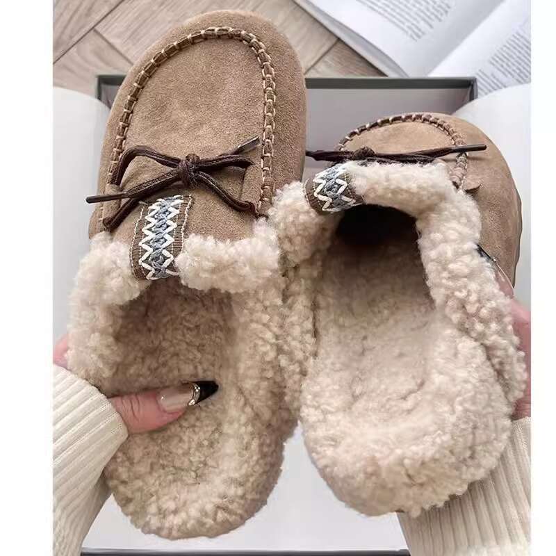 Thick Soled Snow Boots, Women's Fur Integrated With Ethnic Style, Baotou Slippers, Tassel Tied Lazy Shoes, Half Heeled Shoes