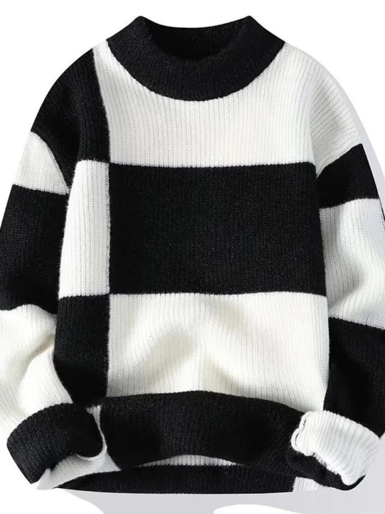 Men Sweaters Pullovers Round Neck Full Sleeve Casual Regular Knitted Tops Warm Thick Top Knit Splice Autumn Winter 241111