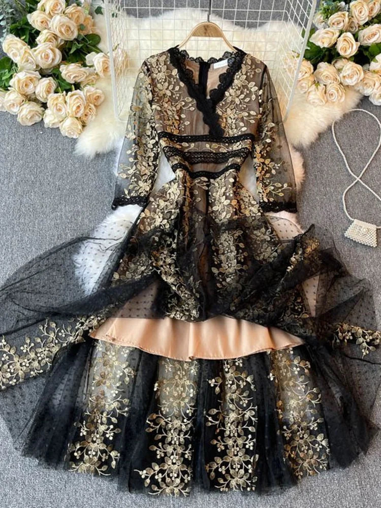 Lace Tulle Dress For Women 2023 Summer Fashion Embroidered Elegant Vintage Dot Mesh Patchwork Evening Long Vestidos 240327