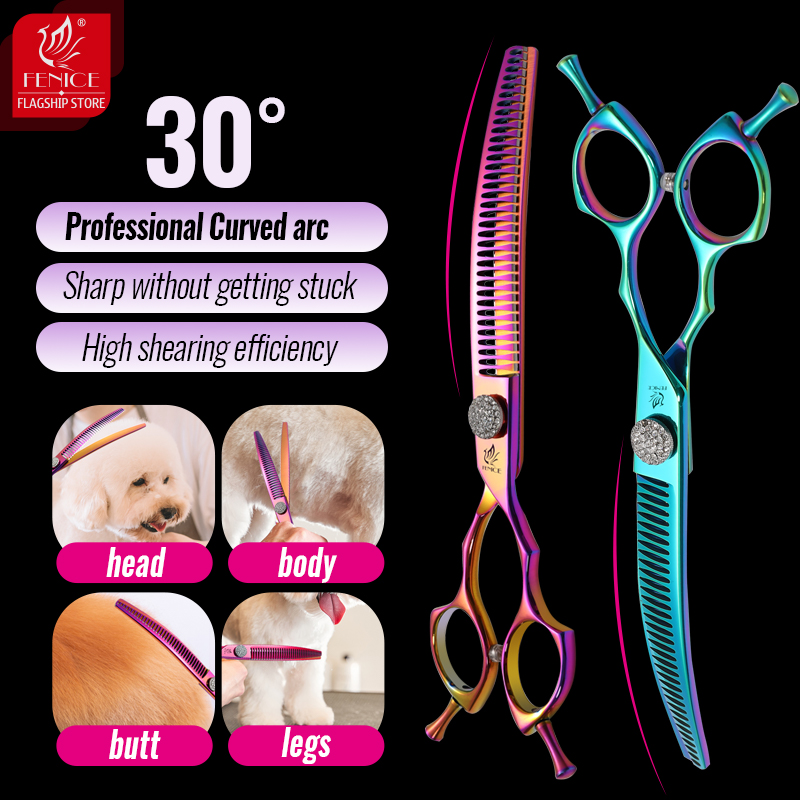 Fenice Grooming Scissors Diamond Screw 7.25 Inch Professional Curved Chunker Scissors Thinner Shears for Pet Beautician Tesoura