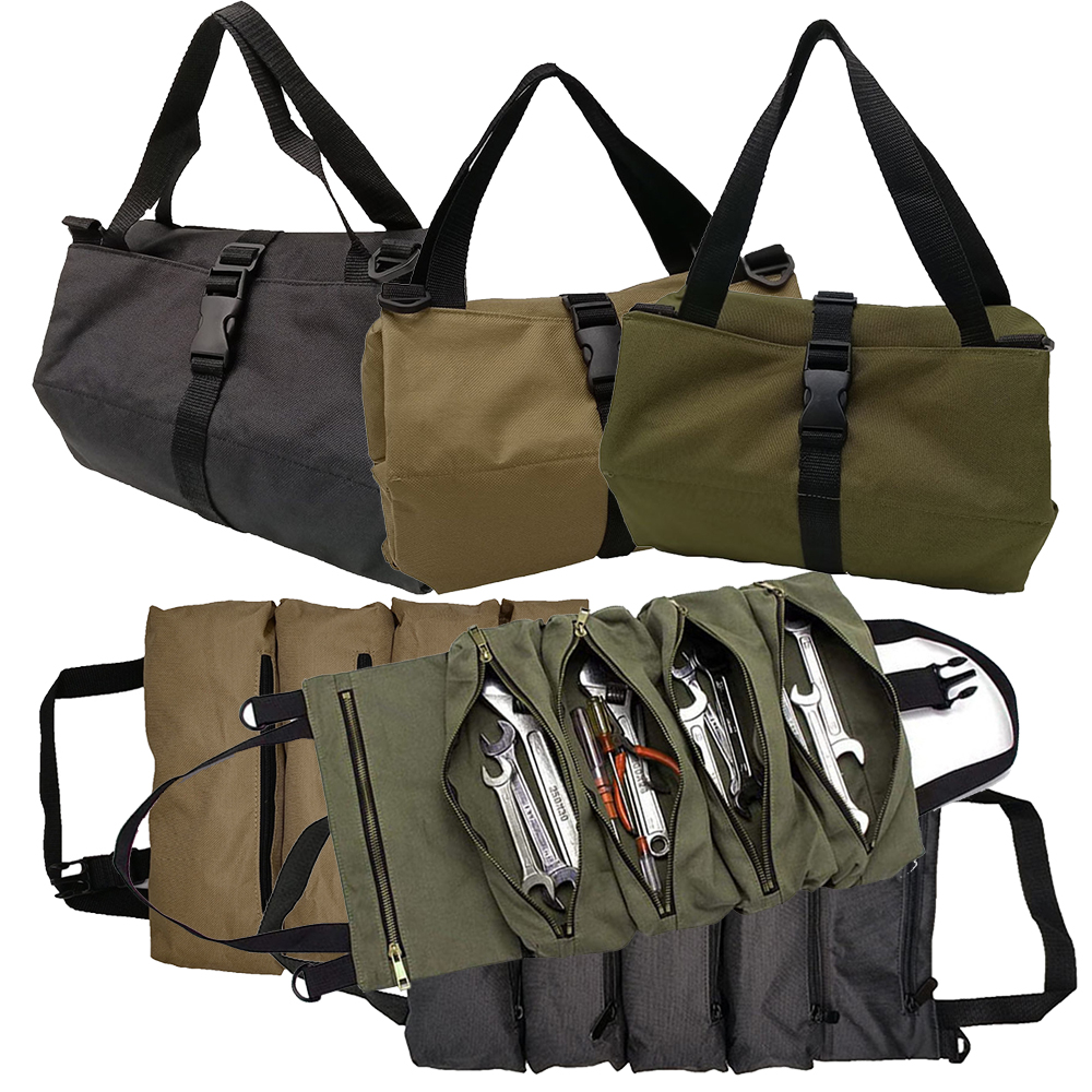 Multifunctional Roll Up Tool Bag Multiple Pockets Canvas Storage Bag Khaki/Black/Brown/Green Wrench Roll Pouch Hanging Tool Bag
