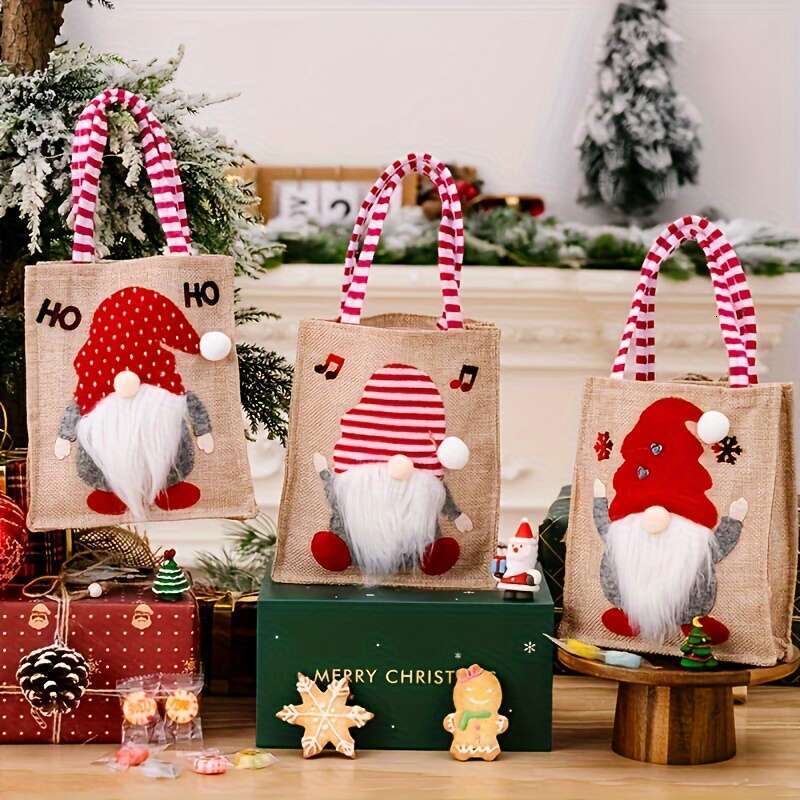 Christmas Set of 4 Decoration Gnome Gift - Cute Portable Faceless Doll Design, Burlap Candy for Christmas Favors, Unique Gifts, Reusable Shopping and 