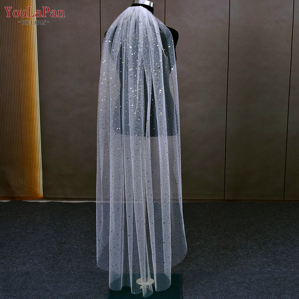 YouLaPan Sparkly Gold Star Draped Wedding Veil Sheer Long Bridal Veils with Comb Long Cathedral Wedding Veil for Bride V184