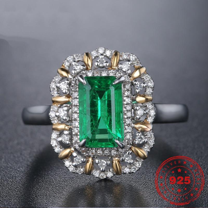 HOYON 925 Sliver color Turquoise Emerald Square Diamond Ring Bague Bizuterias for Women Silver 925 Jewelry Green Topaz Diamond