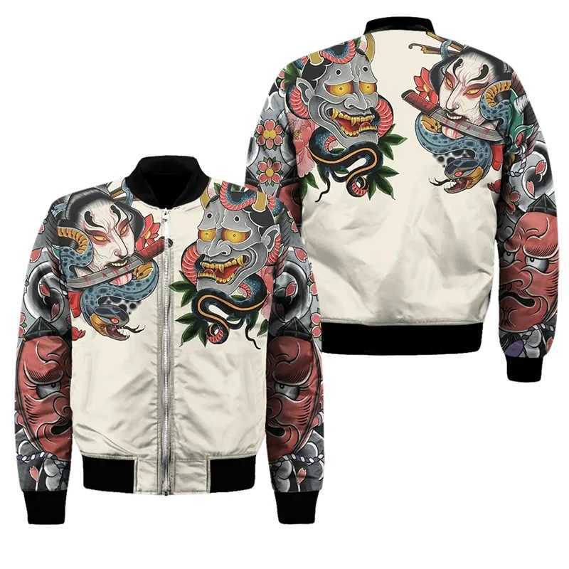 Spring and Autumn Mens Bomber Jacket Warrior Oni Mask Tattoo 3D Full Print Zipper Track Set Street Casual Zipper Jacket Clothing W241111