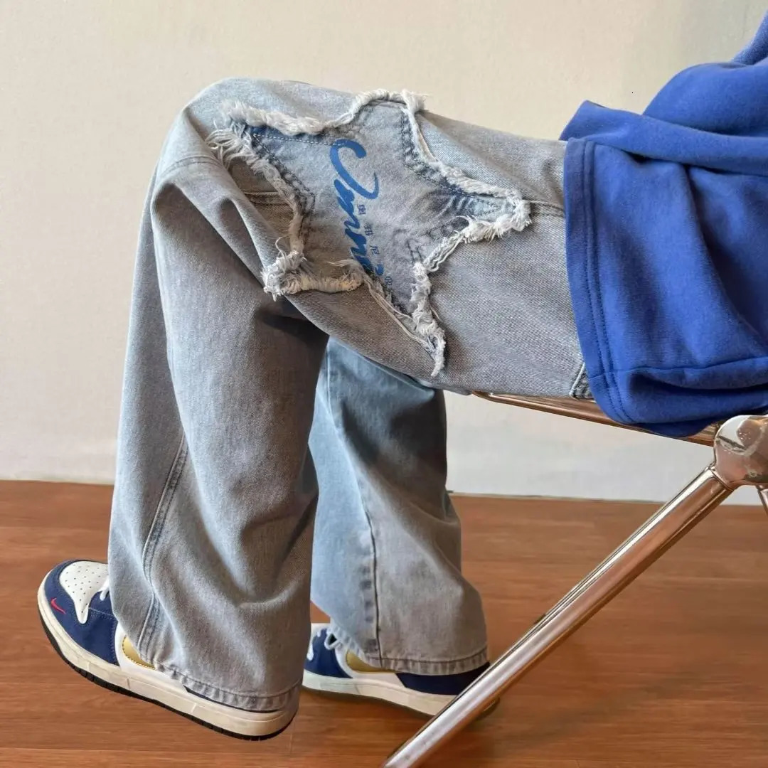 Y2K street hip-hop trend straight wide leg jeans couple casual loose jeans American retro star embroidered mens jeans 241108