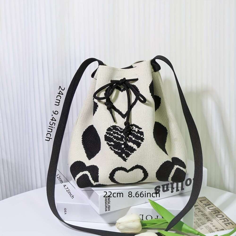 Fashion Mini Classic Heart Pattern Bucket Drawstring Shoulder Bag, Casual All-Match Handbag .