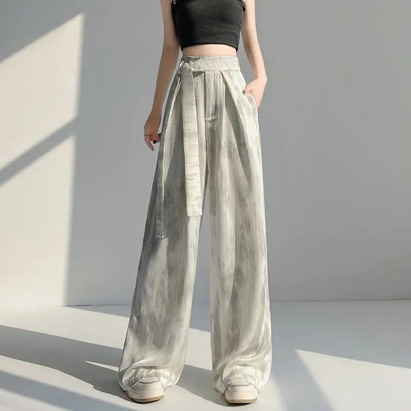 Women Satin Vintage Laceup Elegant Wide Leg Pants Y2K Female Chic High Waist Loose Straight Trousers Pantalones 241108