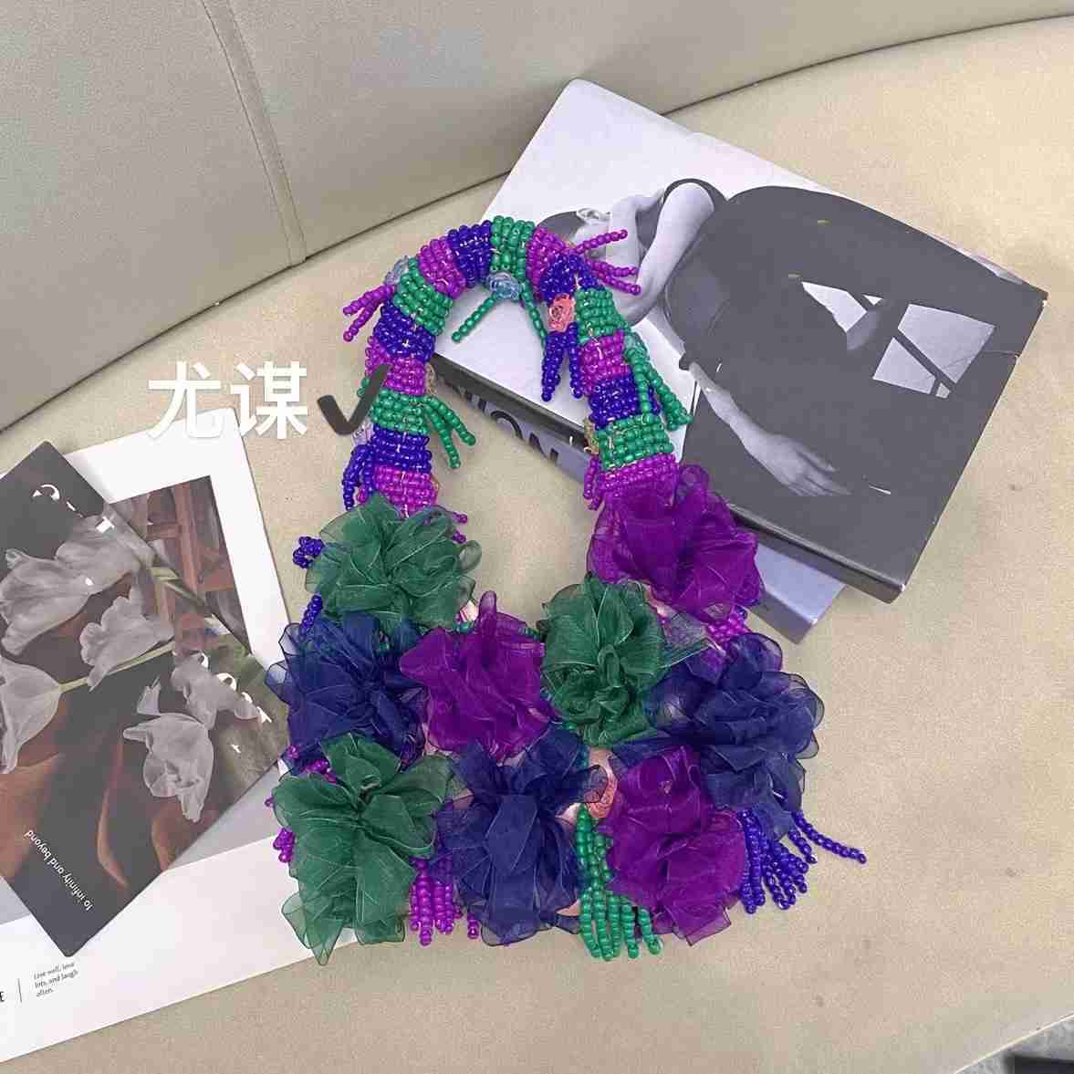 Purple fashion flower bead art niche design ethnic style leisure tourism single shoulder armpit bag 241115