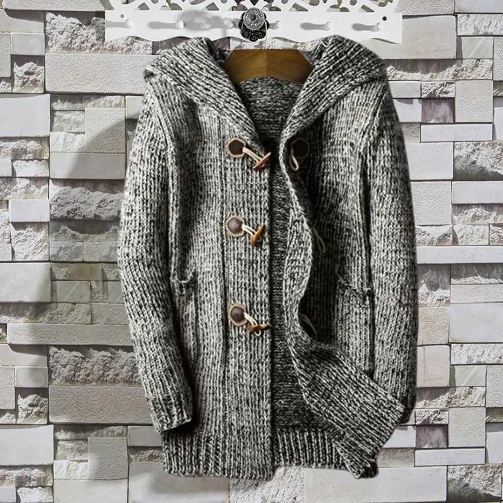 New Arrival Mens Hoodie Knitted Horn Button Hoodie Single breasted to Keep Warm Wool Blended Thick Grey cardigan Suitable for Daily Wear Z241111