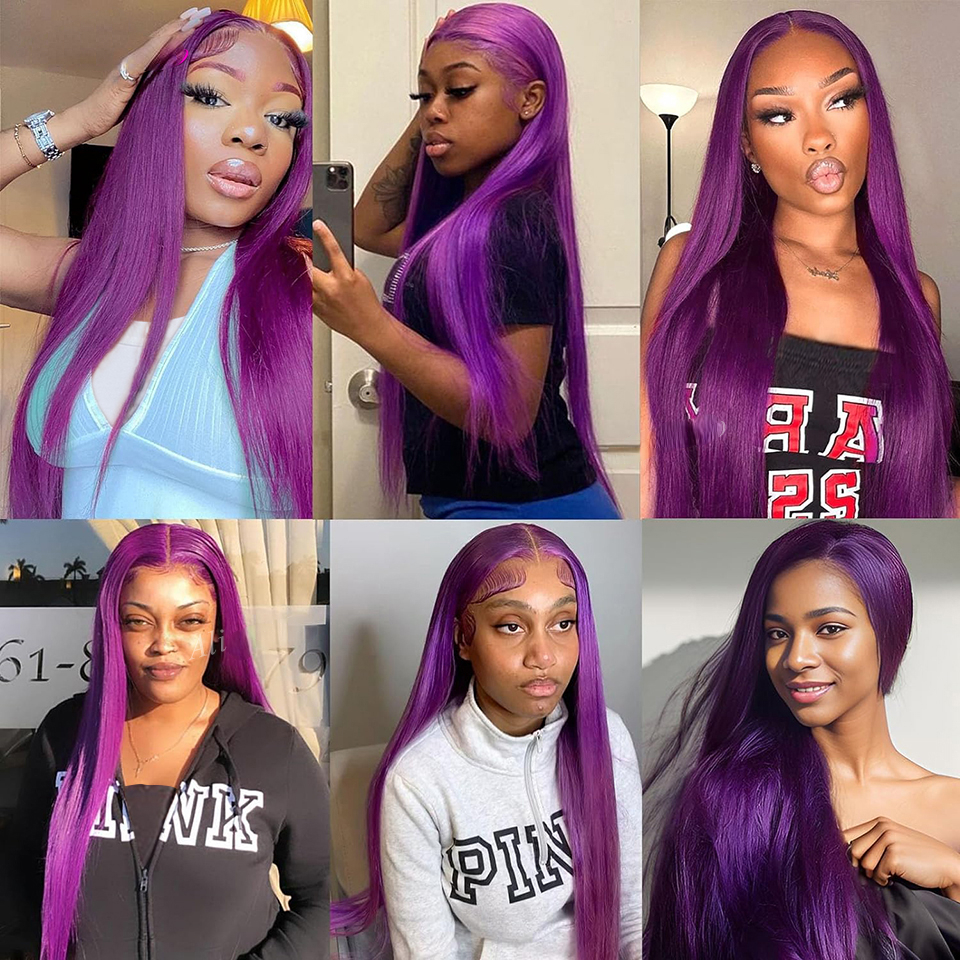 180density 13X4 Wig Dark Purple Frontal Human Hair For Woman Pre Plucked Straight Colored Lace Front Wigs