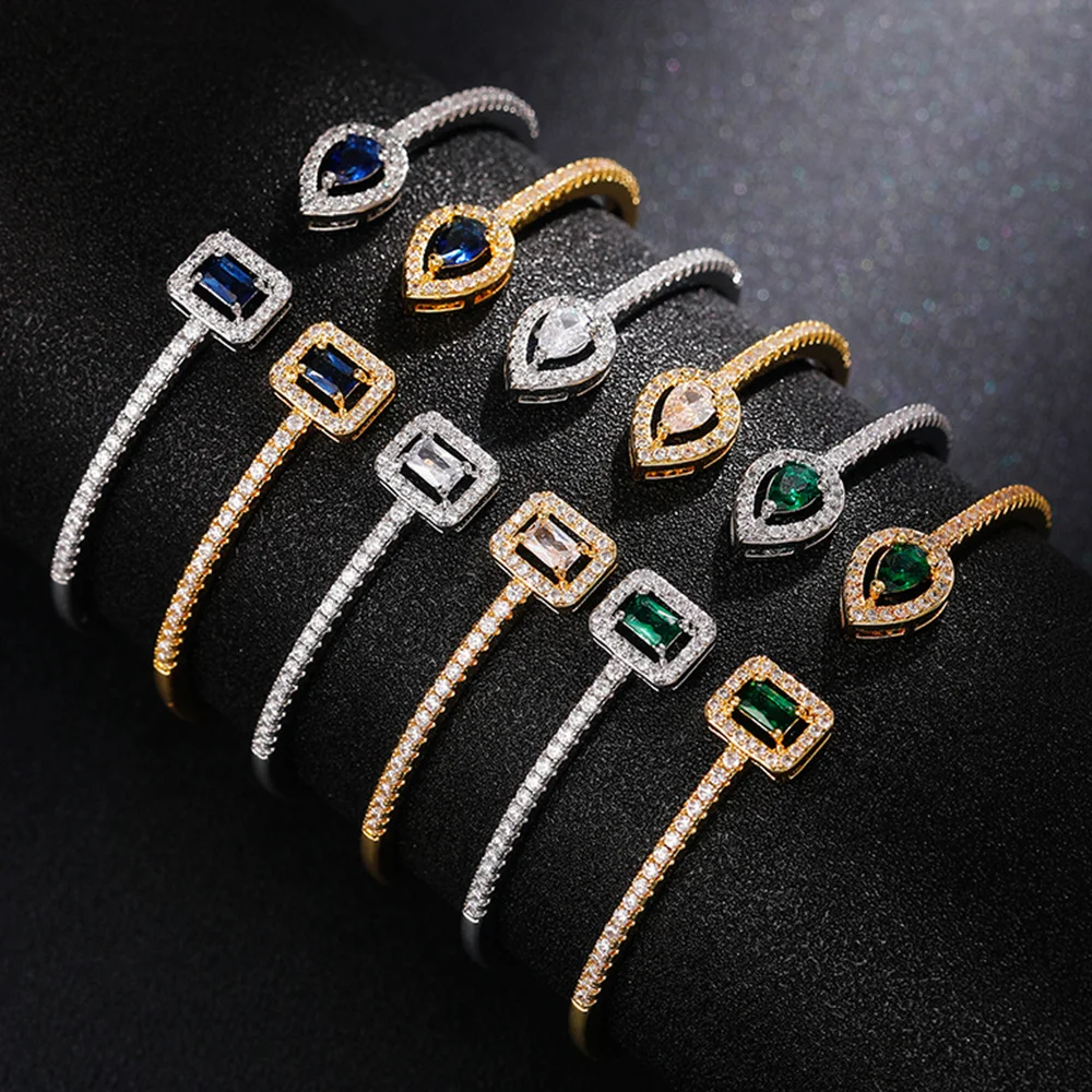 Huitan 2025 Green/White/Blue Cubic Zirconia Cuff Bracelet Bangle new for Women Good Quality Female Hand Jewelry 2022 Drop Shipping