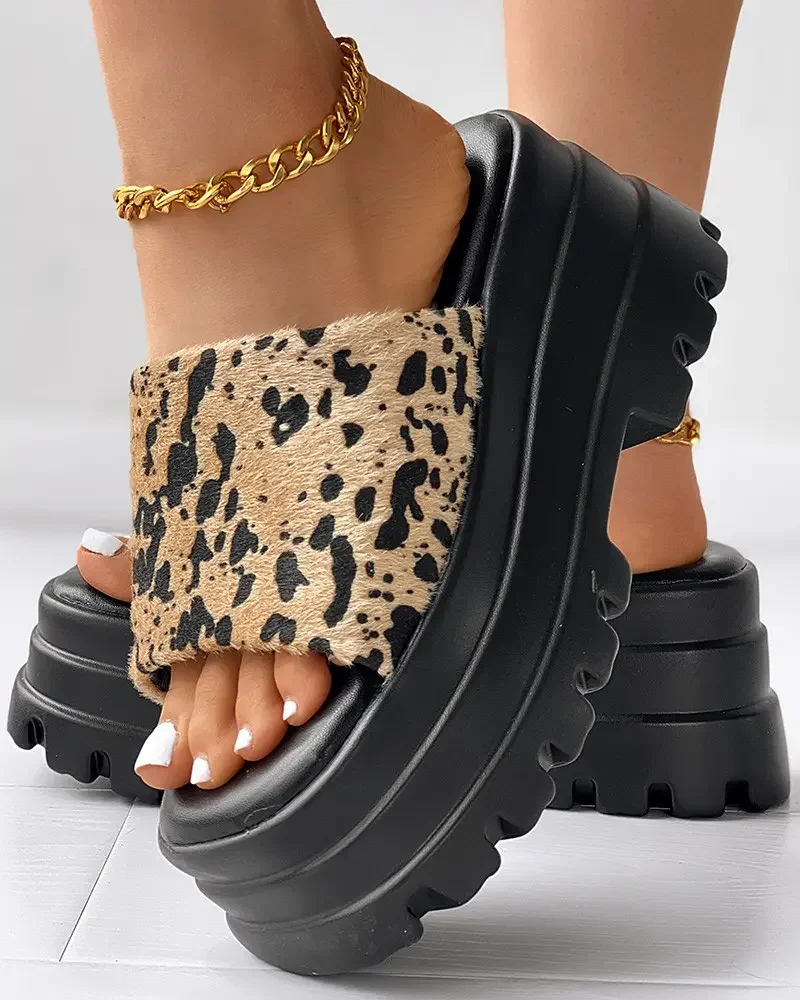 Slippers Women Leopard Wide Strap Platform Summer Brand New Single Band Platform Sandals Chunky Platform Wedges Slipper Sandals