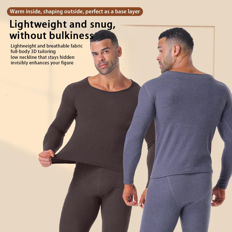 Winter Long Johns Mens Thermal Underwear Thickened Cashmere Silk Base Layer Set Fleece Warm Pajamas Round Neck 241111