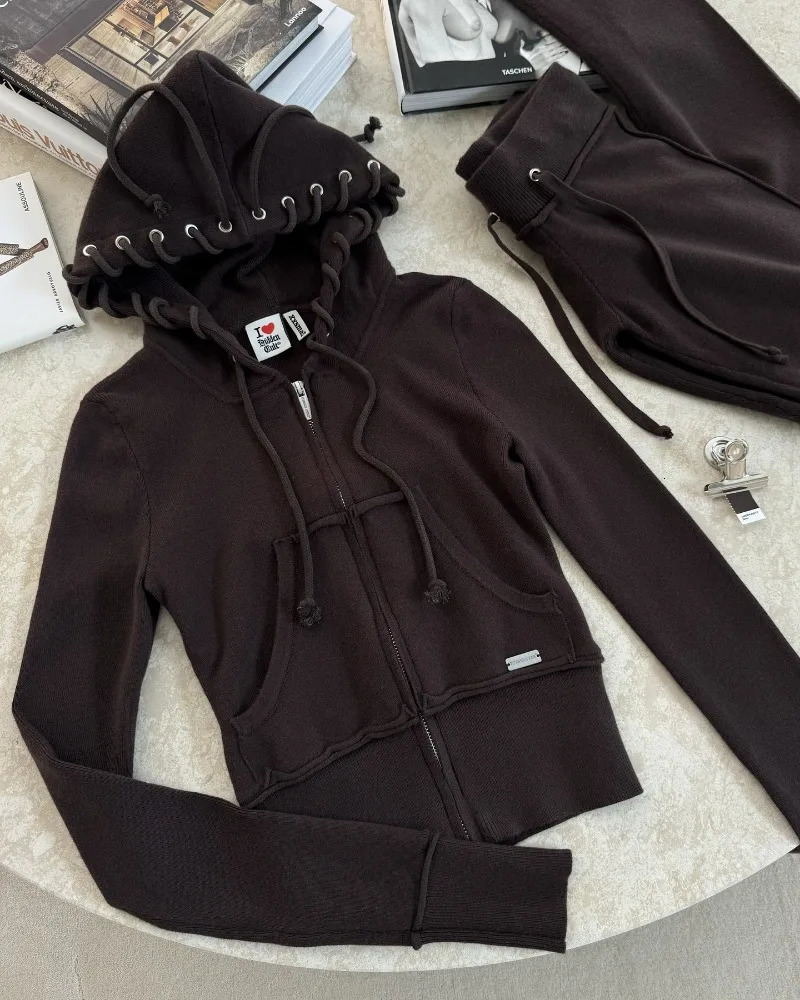 Women Solid Drawstring Ribbons 2 Piece Set Long Sleeve Zipup Hooded Sweatshirts Tops Flare Pants Fashion Casual Tracksuits 241111