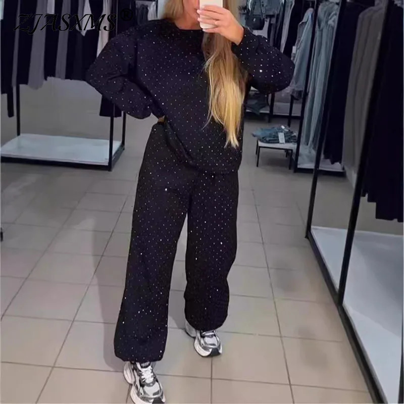 Autumn And Winter Water Dia Shining Casual Clothing Womens O-Neck Sportswear Zipper Strap Pants Retro Loose Sports Set 241111