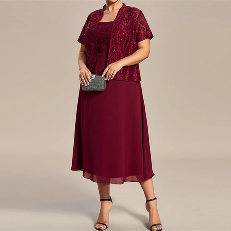 Elegant Tea Length Mother of the Bride Dresses With Lace Jacket 2024 Burgundy Chiffon Wedding Guest Dress A Line Plus Size Prom Formal Wear For Groom 