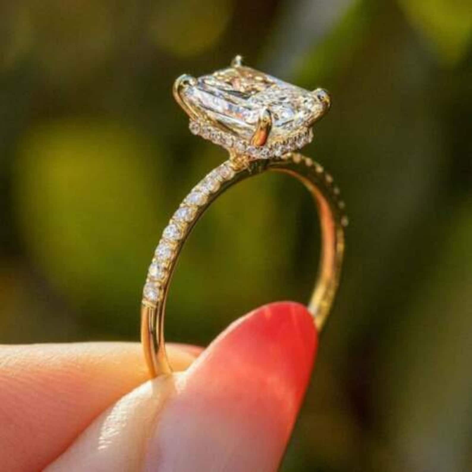 9.00X7.00 MM Radiant Cut Moissanite Hidden Halo Promise Engagement Ring Sterg Sier Minimalist Women's White 2 Pcs gorgeous