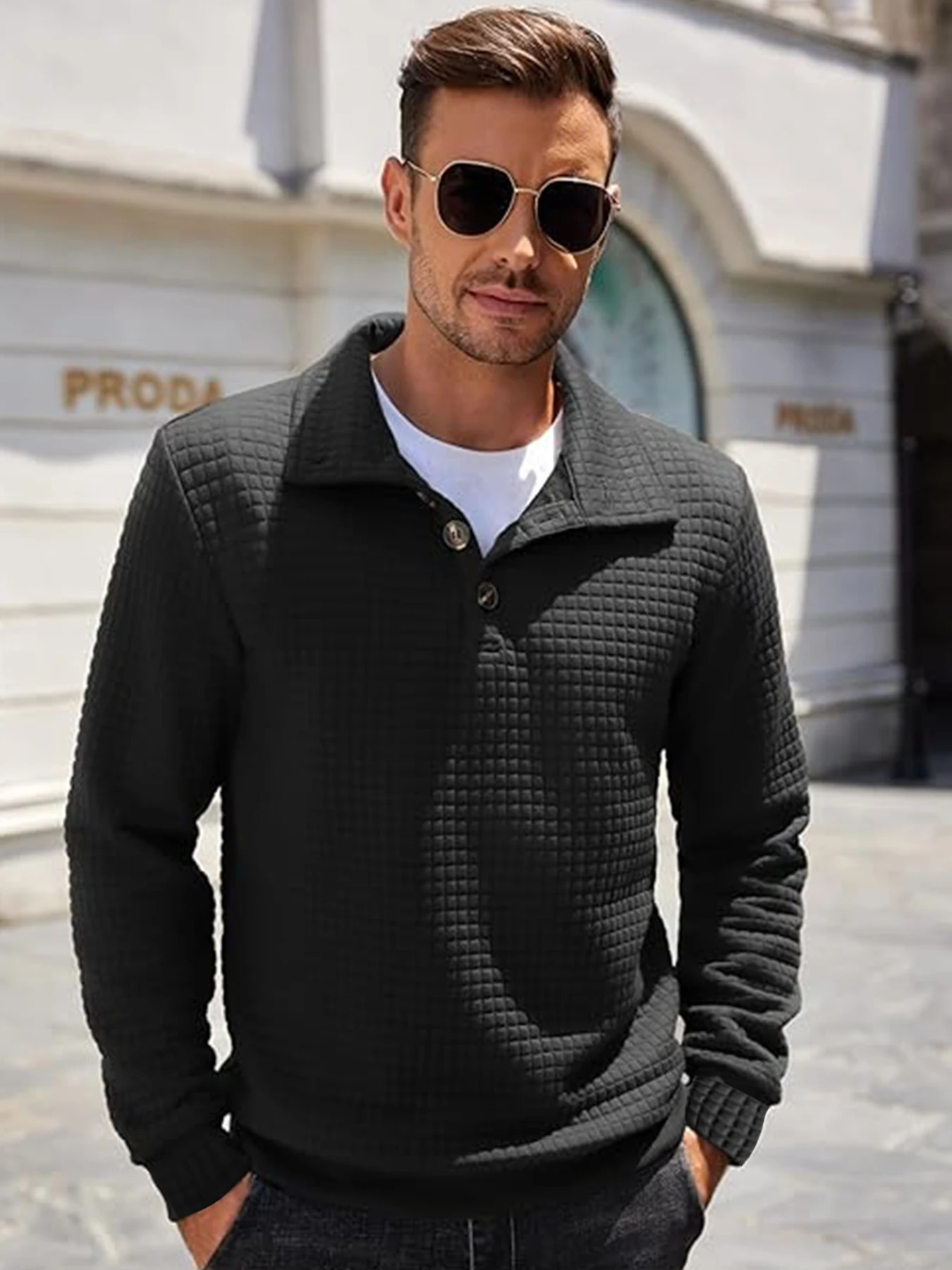 Waffle pattern solid color knitwear autumn and winter trend gentleman casual lapel long sleeve 241111