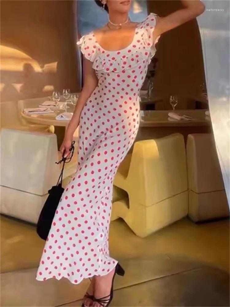 Casual Dresses French Elegant Red Polka Dot Midi Dress For Women 2024 Summer Temperament Ladies Ruffle Edge Holiday Long Robes