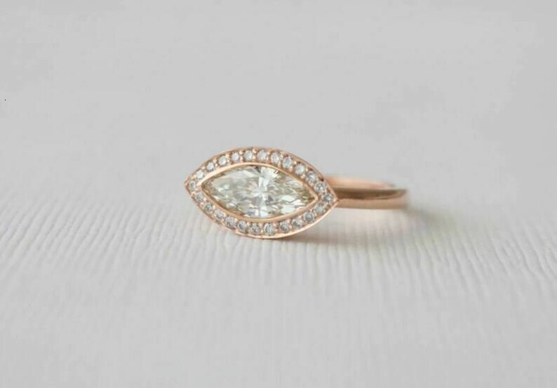 10K Yellow Gold East West Ring with 1.94 TCW Colorless Marquise Cut Moissanite VVS Clarity Dia Engagement Jewelry Setting gorgeous