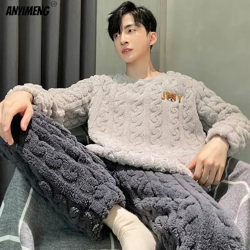 L5XL Big Size Mens Pajamas Set Winter Thick Velvet Coral Pajama for Man Leisure Sporty Sleepwear Chubby Thermal Pijamas Boy 241111