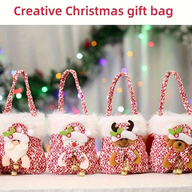 Christmas A set of 4 Christmas-themed plush bags with handles, candy apple Christmas Eve gift bags, Santa Claus, reindeer, bear and snowman themes, su