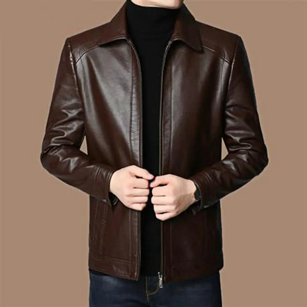 Men Jacket Faux Leather Solid Color Stand Collar Coat Smooth Zipper Neck Protection Windproof Outerwear For Autumn Winter 241120