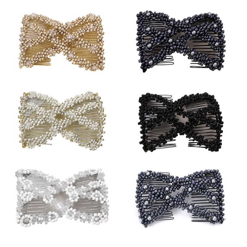 Ladies Women Elastic Hairpin Stretch Double Magic Hair Comb Handmade Beaded Hair Clip Bun Maker DIY Styling Tool