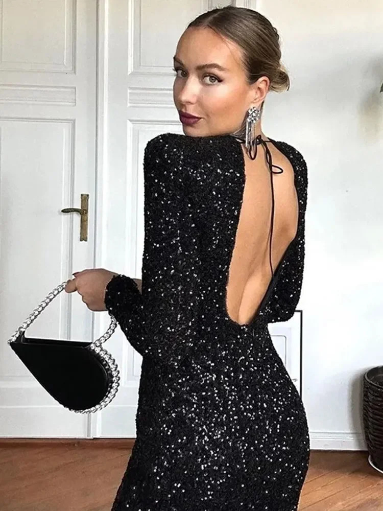 Chic Black Shiny Sequins Maxi Dress Women O Neck Long Sleeve Party Gowns Female Autumn Elegant Evening Event Veatisos 241111