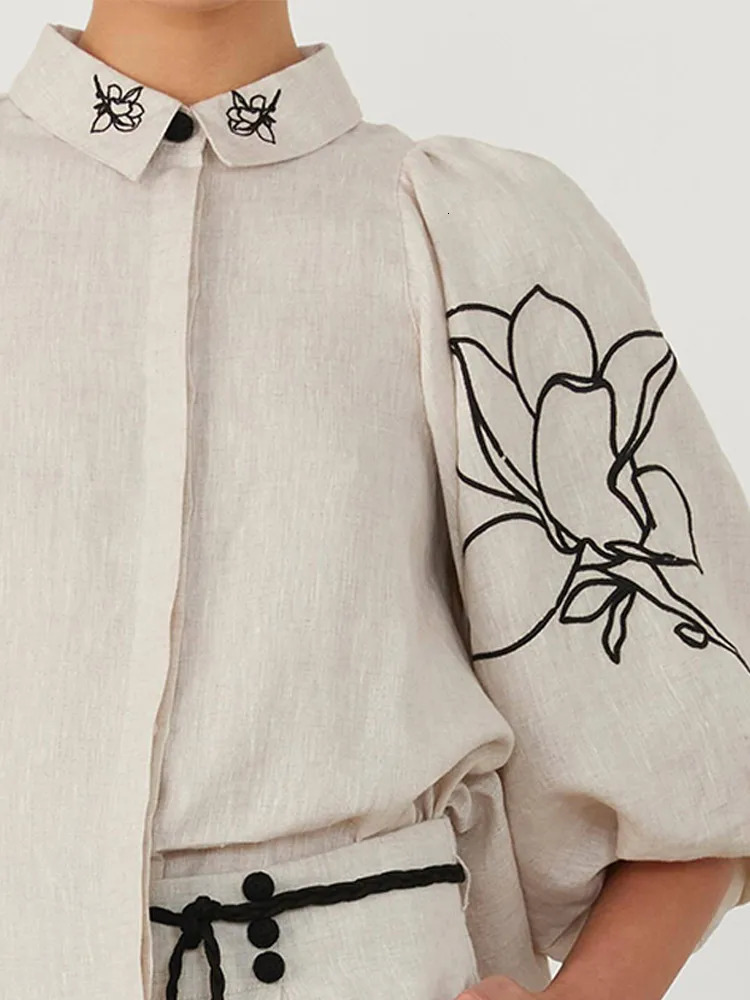 Fashion Cotton En Printed Pants Suit Women Retro Bubble Sleeve Lapel Shirt Pleated Wideleg Pant Spring Summer Suits 22