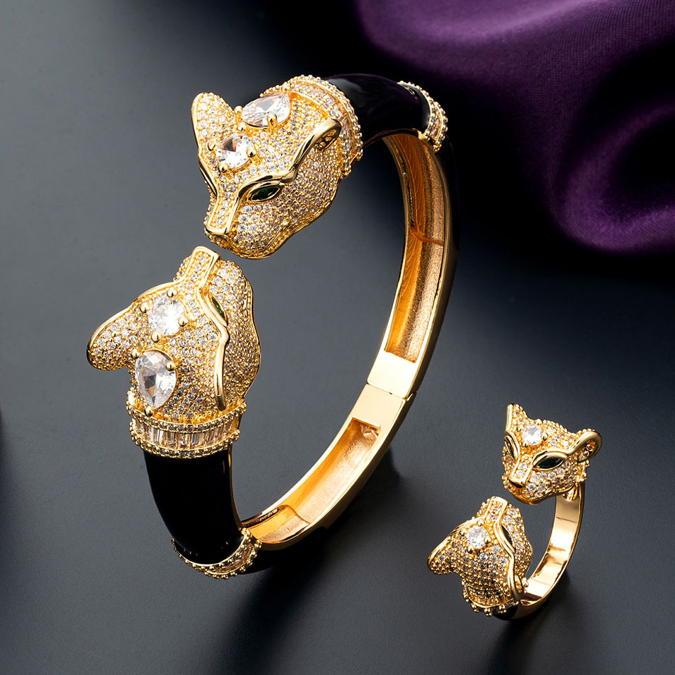 Zlxgirl High Quality Jet Leopard Animal Bangle Wtih Ring for Women Bridal Jewelry set fine AAA Cubic Zirconia Bangle Bracelet