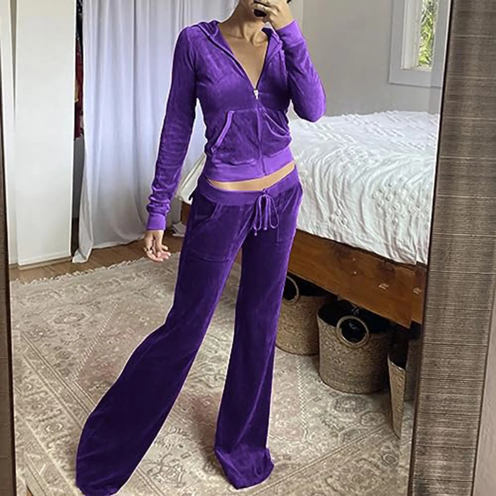Women Tracksuit 2 Piece Flared Pants Slim Fit Velour Velvet Sweatsuit Casual Zip Up Hoodie Jacket Sweatpants Vintage Trousers 241111
