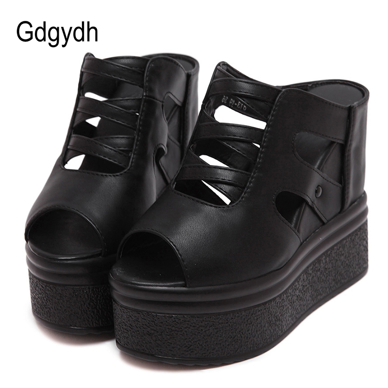 Women's Open Toe Platform Mules Sandals Wedges Shoes For Women American High Heels Hollow Out Black Vegan Leather Backless